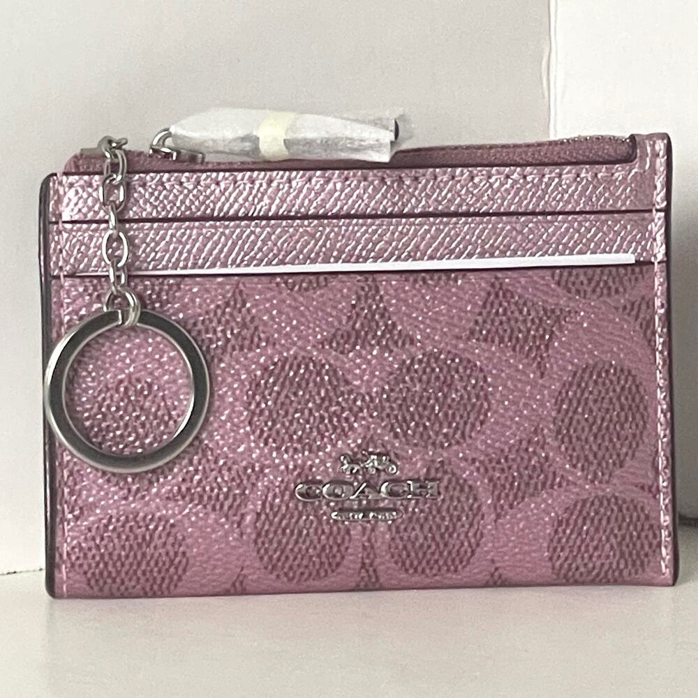 Coach CCS50 Metallic Pink Signature Canvas Mini Skinny ID Wallet